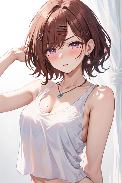 best quality, masterpiece, highres, solo, {higuchi_madoka_theidolmstershinycolors:1.15}, short_hair, brown_hair, mole, mole_under_eye, bangs, hair_ornament, hairclip, purple_eyes, blush, breasts, 1girl, bare_shoulders, collarbone, jewelry, looking_at_viewer, necklace, tank_top, upper_body, white_tank_top, simple_background, red_eyes