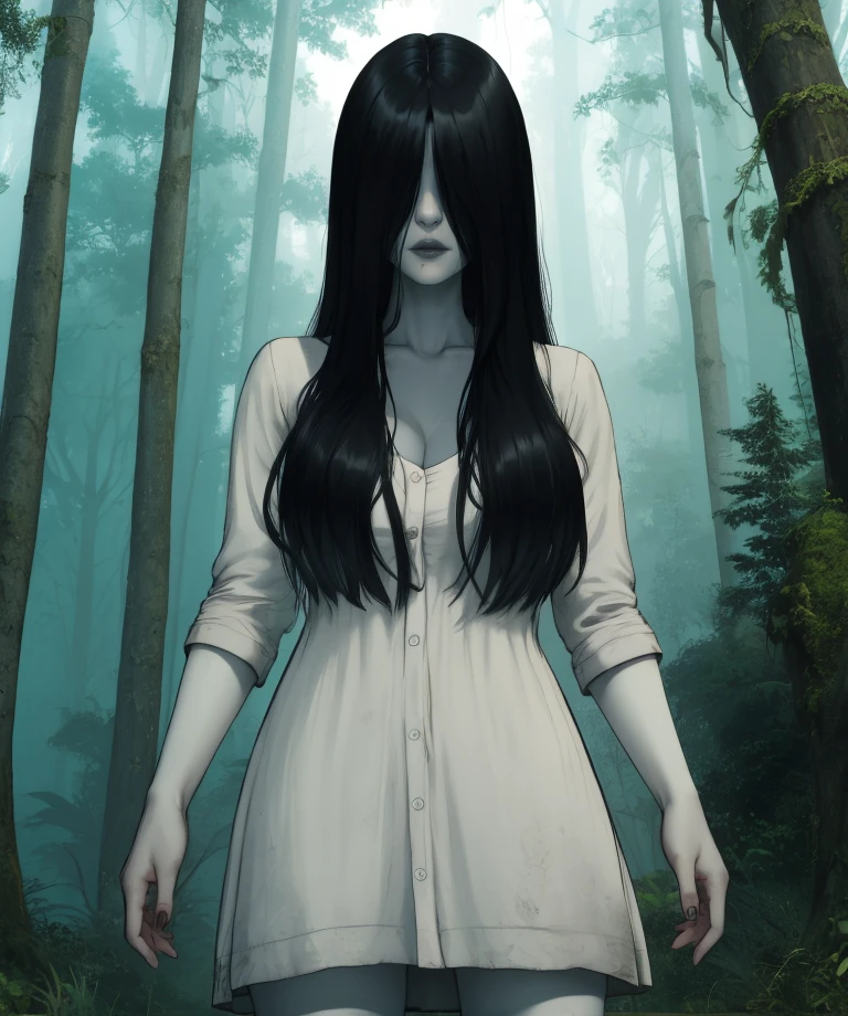 Sadako,long black hair,pale skin,hair over eyes,hair hair between eyes,sagging breasts, black eyes, 
dingy white dress,skin tight,
standing,
horror \(theme\),outdoors,forest,well,night,
(insanely detailed,masterpiece, best quality),solo,<lora:TheOnryoL-10DBDV8:0.7>,