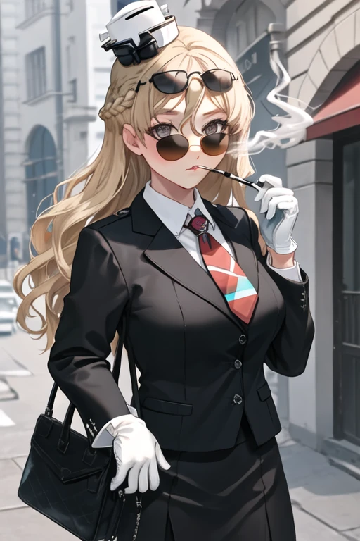best quality, masterpiece, highres, solo, {black business suit:1.40}, {tie:1.20}, {sunglasses:1.25}, {white gloves:1.15}, {white shirt:1.10}, {black skirt:1.15}, {smoking:1.20}, handsome, {zara_kantaicollection:1.15}, long_hair, blonde_hair, braid, wavy_hair, french_braid, breasts, hat, brown_eyes, mini_hat, large_breasts, blush, hair_between_eyes