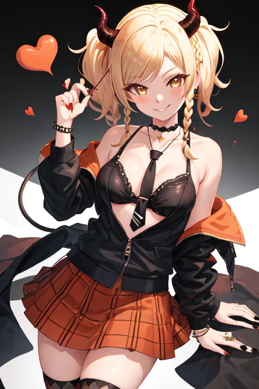 best quality, masterpiece, highres, solo, {miyashita_ai_loveliveschoolidolfestivalallstars:1.15}, blonde_hair, yellow_eyes, bangs, sidelocks, smile, breasts, medium_hair, orange_eyes, ponytail, hair_ornament, braid, 1girl, horns, twintails, jewelry, choker, bracelet, fake_horns, fishnets, jacket, looking_at_viewer, necklace, necktie, skirt, black_nails, demon_horns, demon_tail, gyaru, heart, multicolored_hair, tail, weapon