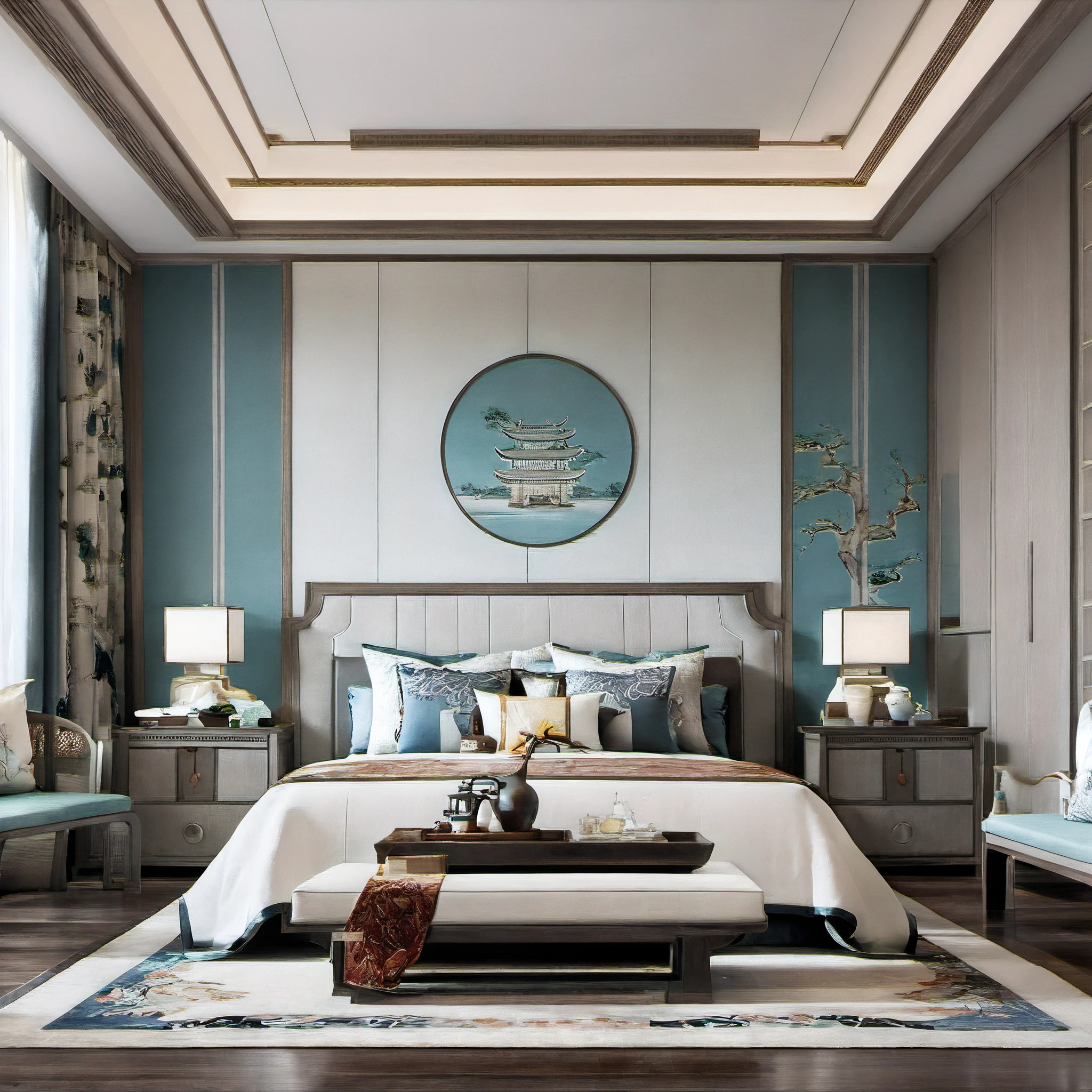 Lao Chen, Interior, Bedroom, New Chinese, couch, table, indoors, carpet, wooden floor