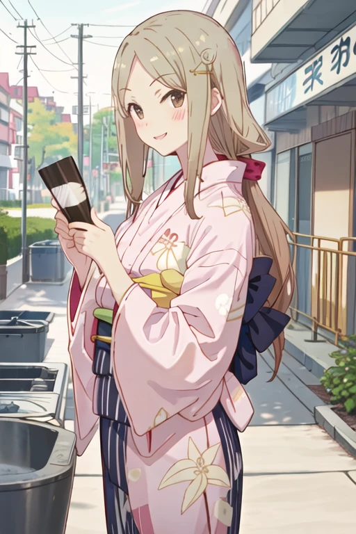 best quality, masterpiece, highres, solo, {yukata:1.40}, {kimono:1.20}, {kotone_noda_sakuratrick:1.15}, blush, long_hair, brown_hair, smile, brown_eyes, blonde_hair
