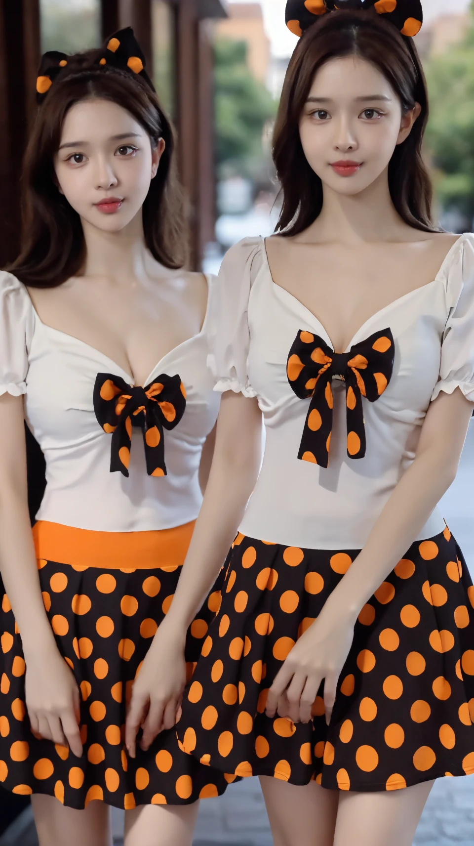 best quality,8K,solo,(1girl:1.3),(standing:1.3),(front:1.4),(looking at viewer:1.4),(outdoors:1.3),(school:1.4),<lora:rc70:0.75>,rc,bow,(polka dot skirt:1.2),(orange skirt:1.4),<lora:enxin:0.8>,