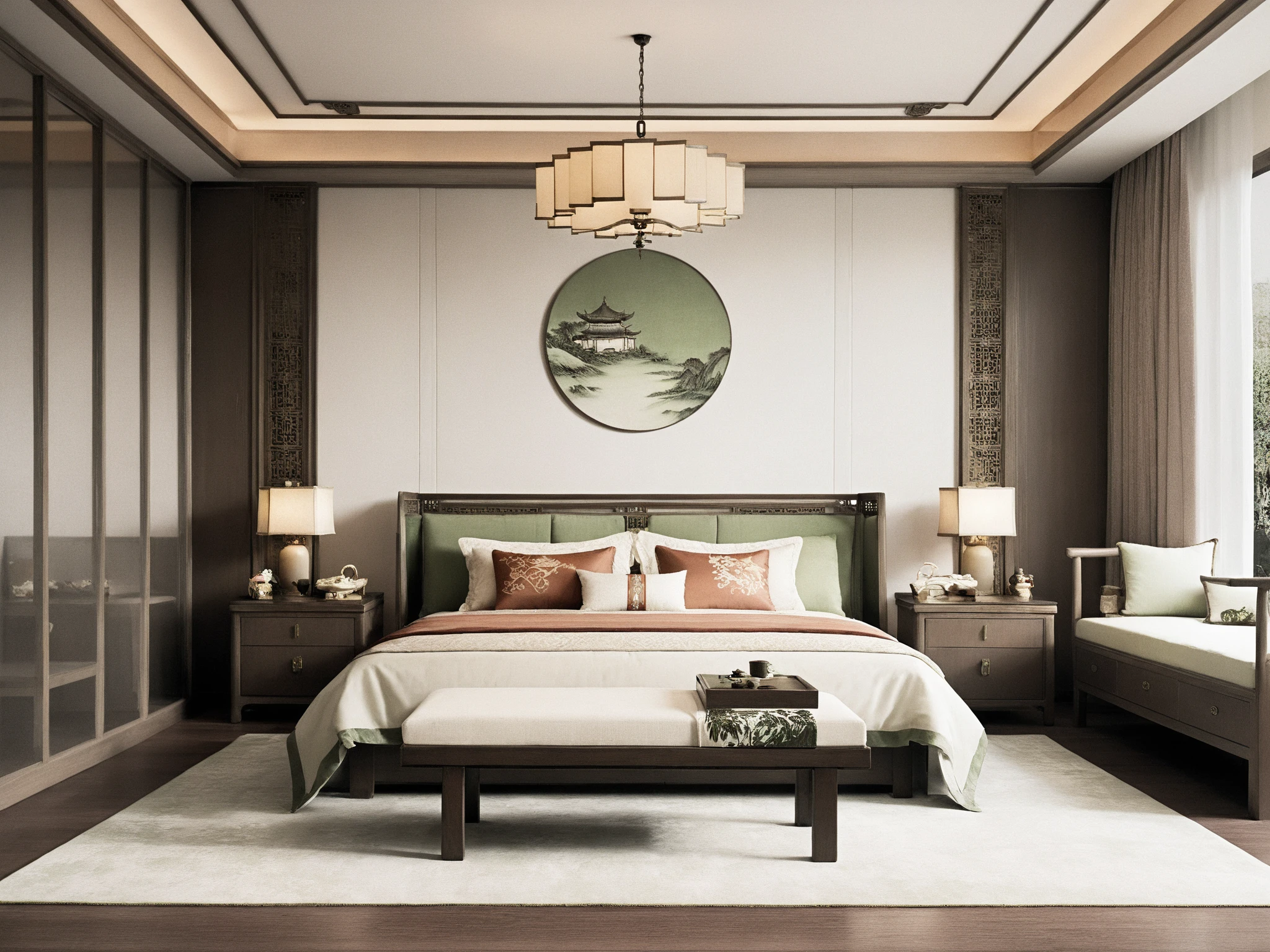 Lao Chen, Interior, Bedroom, New Chinese, couch, table, indoors, carpet, wooden floor