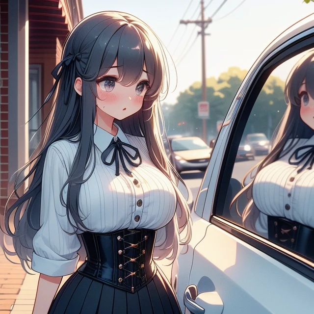 (((masterpiece))),  (((best quality))),  looking car glass,  mirror on window,  longhair,  ribbon,  big tits,  corset,  pleated shirt,  button skirt,  sweat,  ribbon longhair,  shy,  blush,  sidewalk,<lora:EMS-269041-EMS:1.000000>