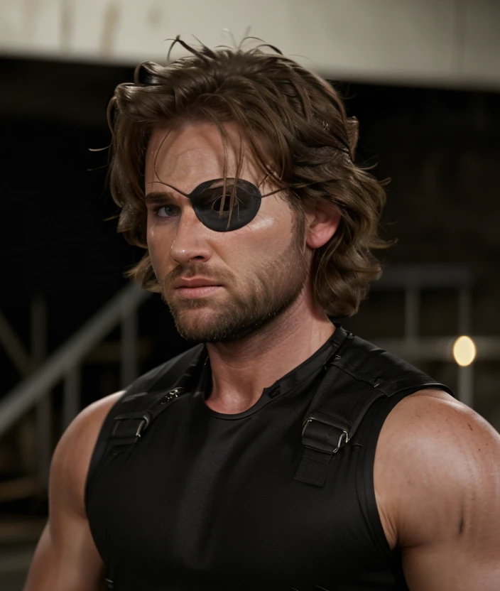 s8n1k, solo, looking at viewer, brown hair, 1boy, upper body, male focus, sleeveless, facial hair, scar, eyepatch, beard, realistic