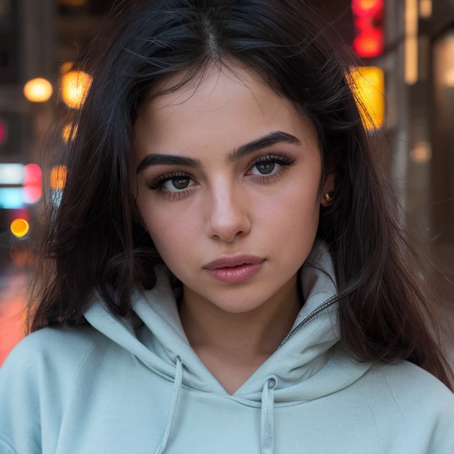 matildem modeling, <lora:matildem:0.7>, perfect hair, modern photo, (profile, head-shot, front view, looking at the viewer), (wearing edgPO pullover, edgPO), <lora:edgPullovers:1>, 24mm, (analog, cinematic, film grain:1.3), cute woman, ((detailed eyes)), ((long eyelashes)), (glossy lips), in the city, standing on an empty street