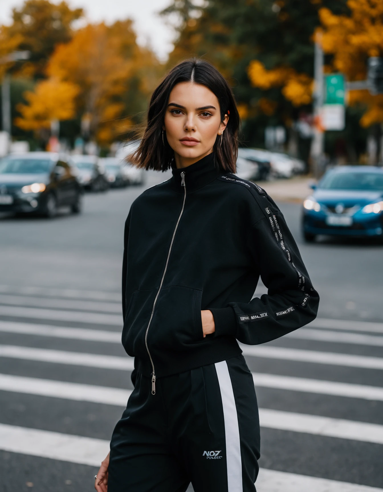 cinematic photo professional fashion close-up portrait photography of a beautiful (((ohwx woman))) at asphalt road during the day, Nikon Z9 <lora:kendalljenner_dh128_v1d:1> . 35mm photograph, film, bokeh, professional, 4k, highly detailed