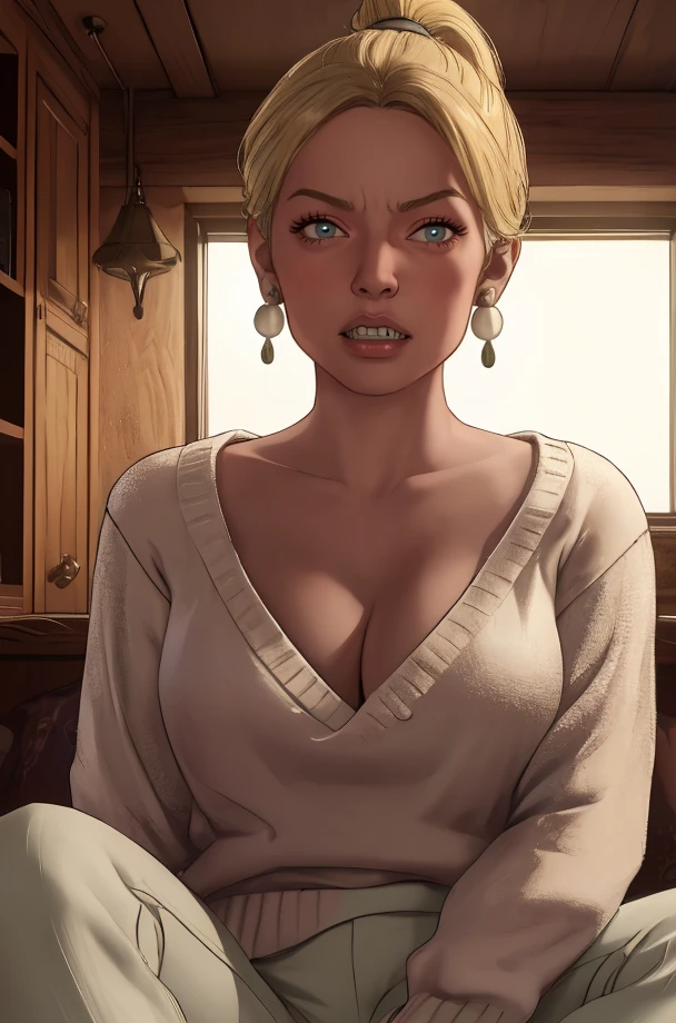Myra,blonde hair,ponytail,looking at viewer,
white sweater,white pants,small earrings,teeth,
sitting,cleavage,
small home,
(insanely detailed, beautiful detailed face, masterpiece, best quality) cinematic lighting,solo,<lora:Myra-10TEW2v8:0.7>,
