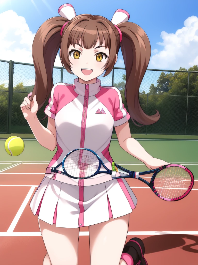 <lora:Amy:0.8>ãAmy, 1girl, soro,ãbrown hair, twintails, long hair, brown eyes, yellow eyes, bangs, hair ornament,smile,
plays tennis,laugh,thighs,
masterpiece, high quality, very_high_resolution, large_filesize, full color,