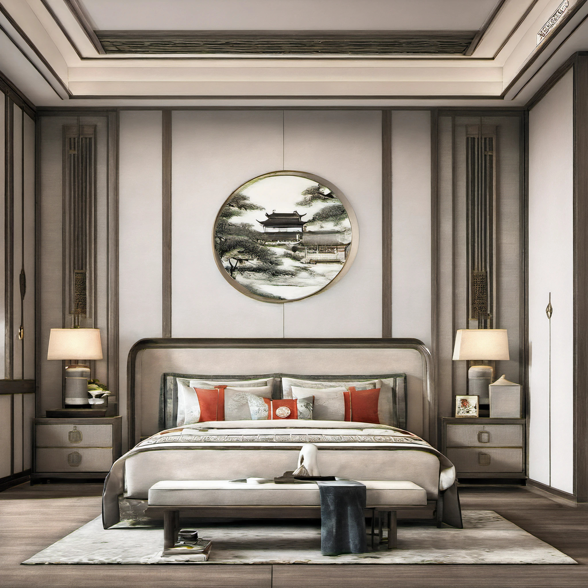 Lao Chen, Interior, Bedroom, New Chinese, couch, table, indoors, carpet, wooden floor