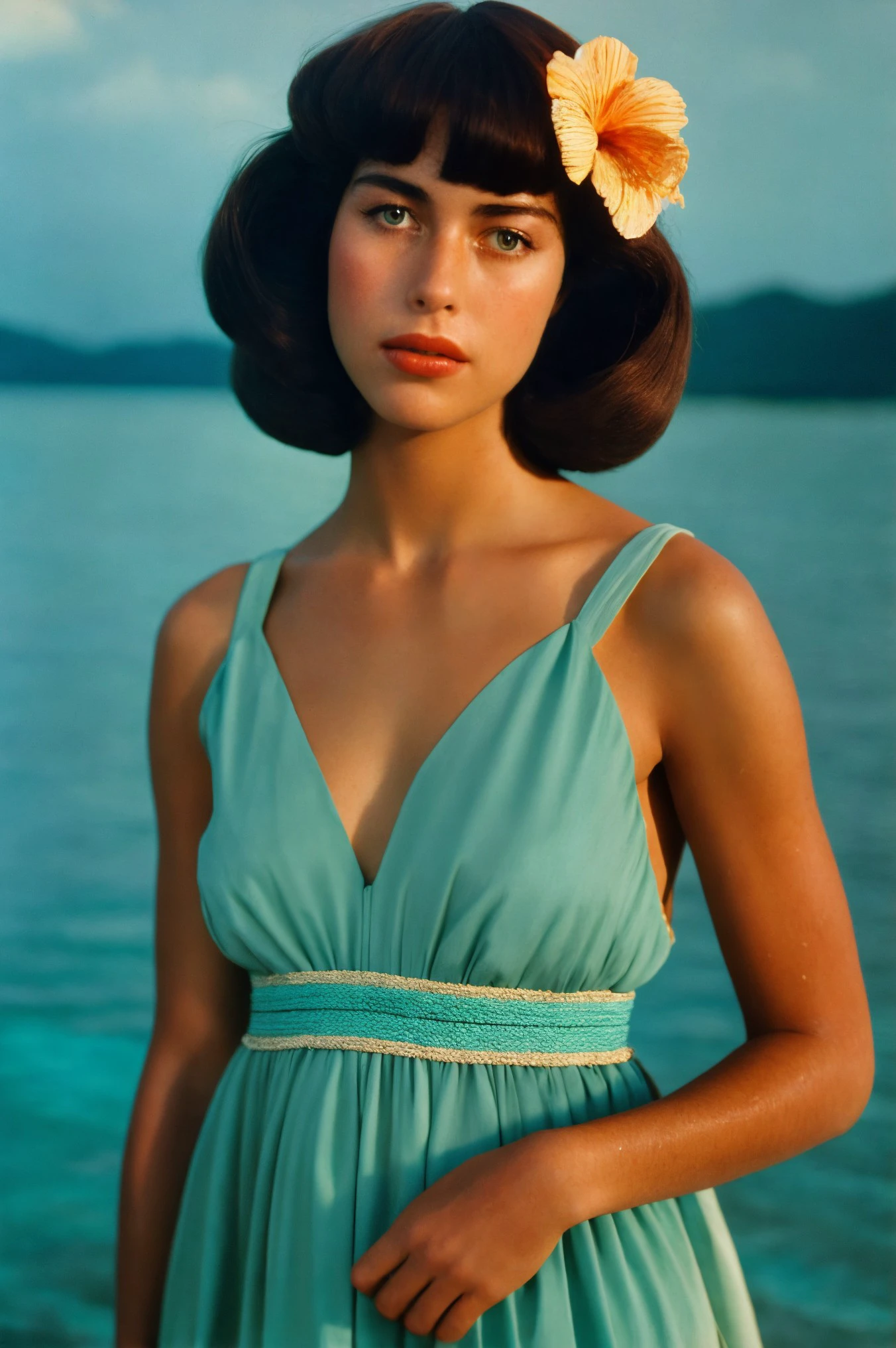sarah young, woman wearing dress holding a cellphone, high heels, beach background<lora:sarahyoung2:0.9>
