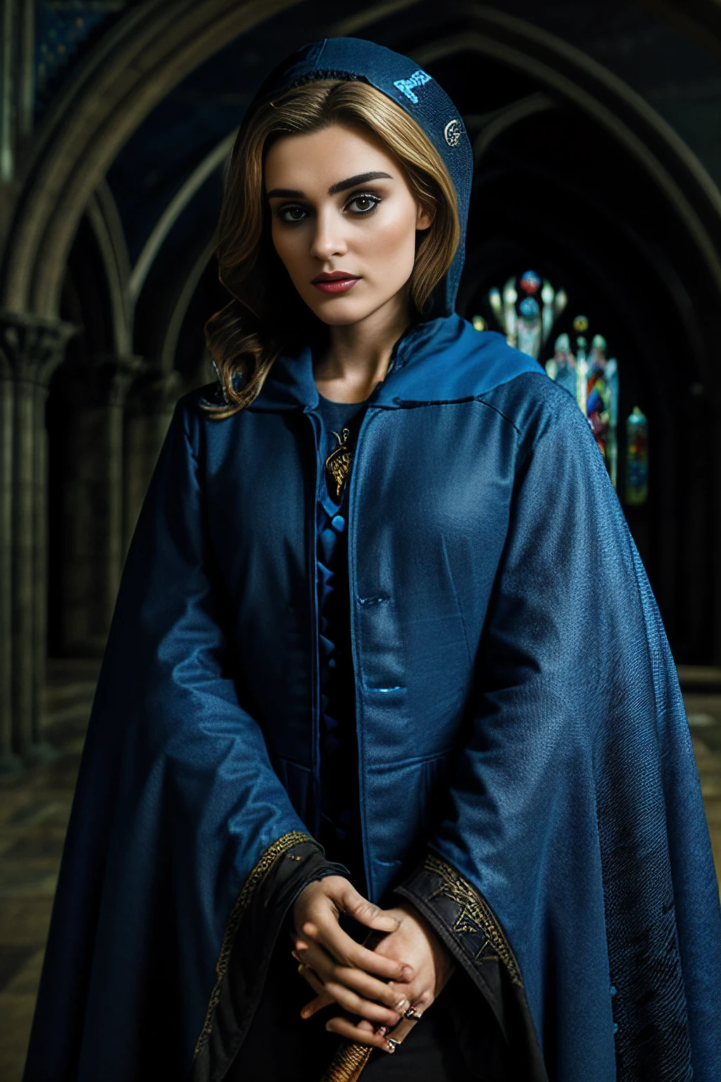 a cinematic still of beautiful (M36D0n:1.1) woman,as a professor at Hogwarts,wearing a (Ravenclaw magician cloak:1.4),holding up an exquisite carved magic wand,standing in a long hallway,with gothic stone archways,with stained glass windows,(dramatic pose:1.2),long hair,lipstick,makeup and eyeshadow,(looking at viewer),sharp focus,detailed eyes,depth of field,(highly detailed),(HDR),(8k wallpaper),intricately detailed,highres,absurdres,hyper realistic,8K UHD DSLR,Fujifilm XT3,taken with (Canon EOS 1Ds camera),extremely intricate,dramatic,4k textures,elegant,(cinematic look),PA7_Portrait-MS,<lora:M36D0n_04A-000002:1.0>,