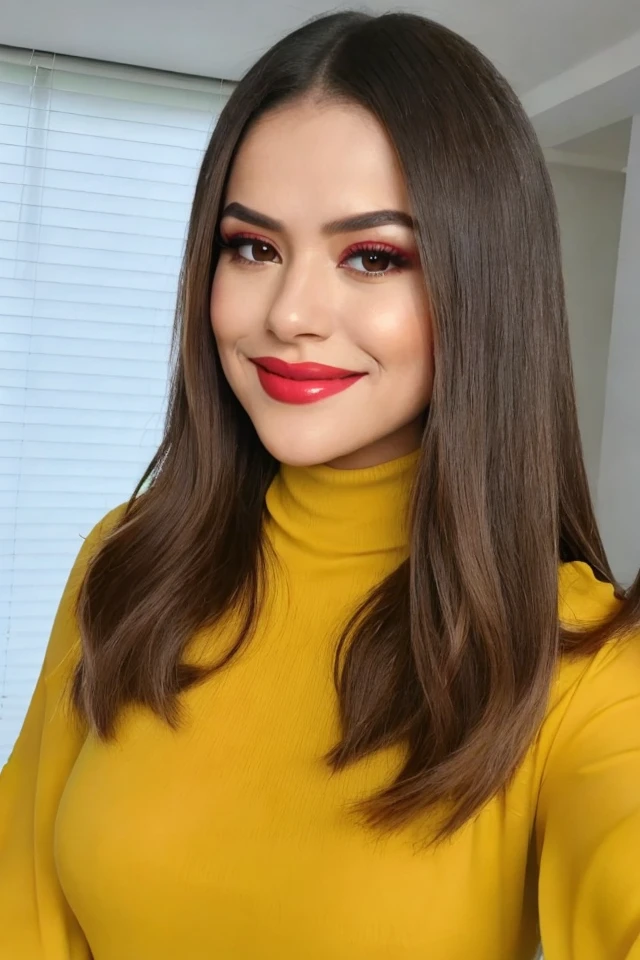 Portrait photo of m41s4, yellow turtleneck blouse, in a tv show, a smile on her face, makeup, lipstick