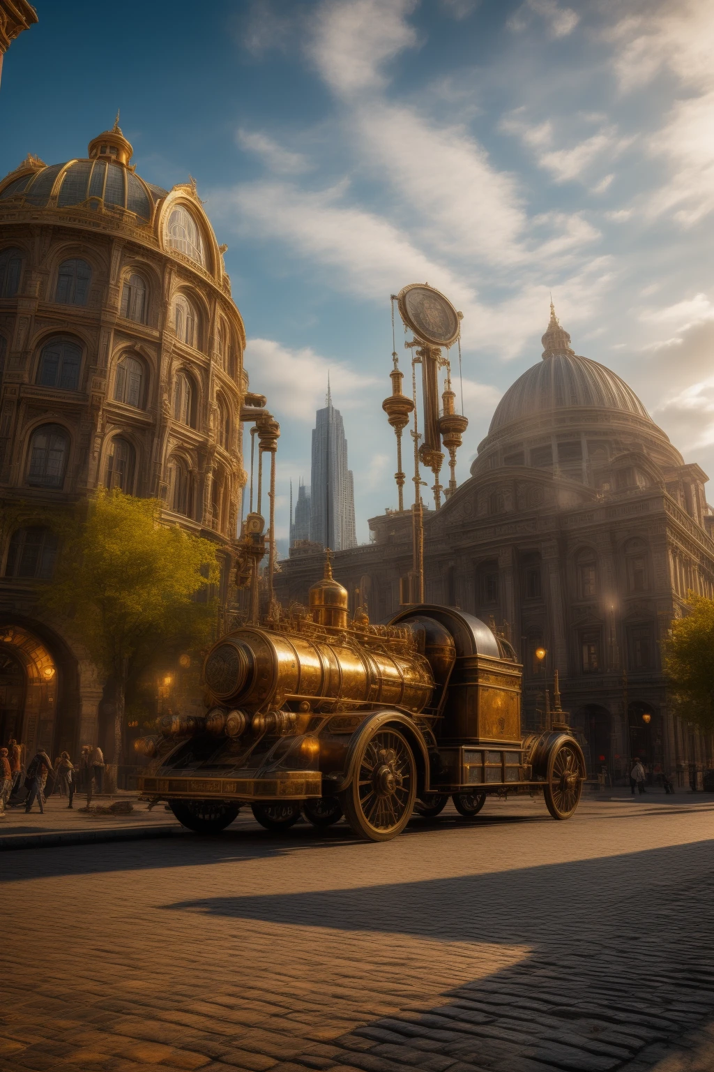 <lora:JJsSteamPunk_SpaceStyle:.7>, ((masterpiece)) , ((best quality)), ((SteamPunk)),RAW photo, subject, 8k uhd, dslr, soft lighting, high quality, film grain, Fujifilm XT3 outdoors, sky, day, cloud, tree, blue sky, ground vehicle, building, scenery, road, real world location, truck, flag, , lots of trees, sunlight, public blocks,daytime,lively city streets, enough detail, high resolution,super realistic, Photorealistic, highly detailed, <lora:add_detail:0.8>