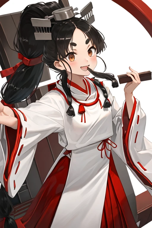 best quality, masterpiece, highres, solo, {white kimono:1.35}, {red hakama:1.35}, {wide sleeves:1.20}, {nisshin_kantaicollection:1.15}, black_hair, long_hair, brown_eyes, short_eyebrows, high_ponytail, thick_eyebrows, very_long_hair, multi-tied_hair, ribbon, red_ribbon, hair_tie, headgear, open_mouth, miko, smile, hair_ornament