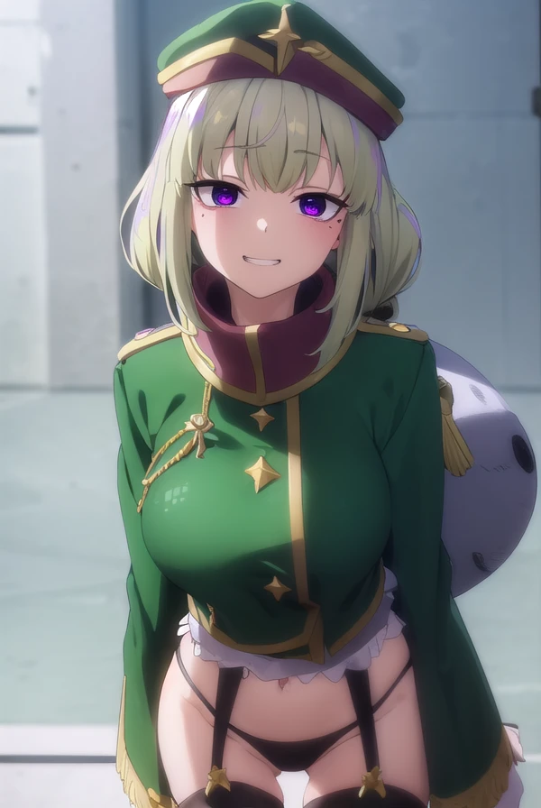 kiwiaraga, <lora:kiwi araga-magical girl-lora-nochekaiser:1>,
kiwi araga, bangs, ahoge, mole, mole under eye, (purple eyes:1.1), green hair, hair bun, double hair bun, smile, grin,
BREAK thighhighs, long sleeves, hat, underwear, panties, boots, sleeves past wrists, military, black panties, garter straps, no pants, sleeves past fingers, green headwear,
BREAK outdoors, city,
BREAK looking at viewer, (cowboy shot:1.5),
BREAK <lyco:GoodHands-beta2:1>, (masterpiece:1.2), best quality, high resolution, unity 8k wallpaper, (illustration:0.8), (beautiful detailed eyes:1.6), extremely detailed face, perfect lighting, extremely detailed CG, (perfect hands, perfect anatomy),