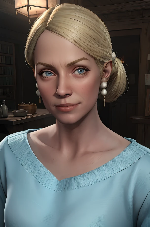 Myra,blonde hair,ponytail,looking at viewer,
blue sweater,white pants,small earrings,
solo,upper body,standing,smile,cowboy shot,
small home,
(insanely detailed, beautiful detailed face, masterpiece, best quality) cinematic lighting,<lora:Myra-10TEW2v8:0.8>,