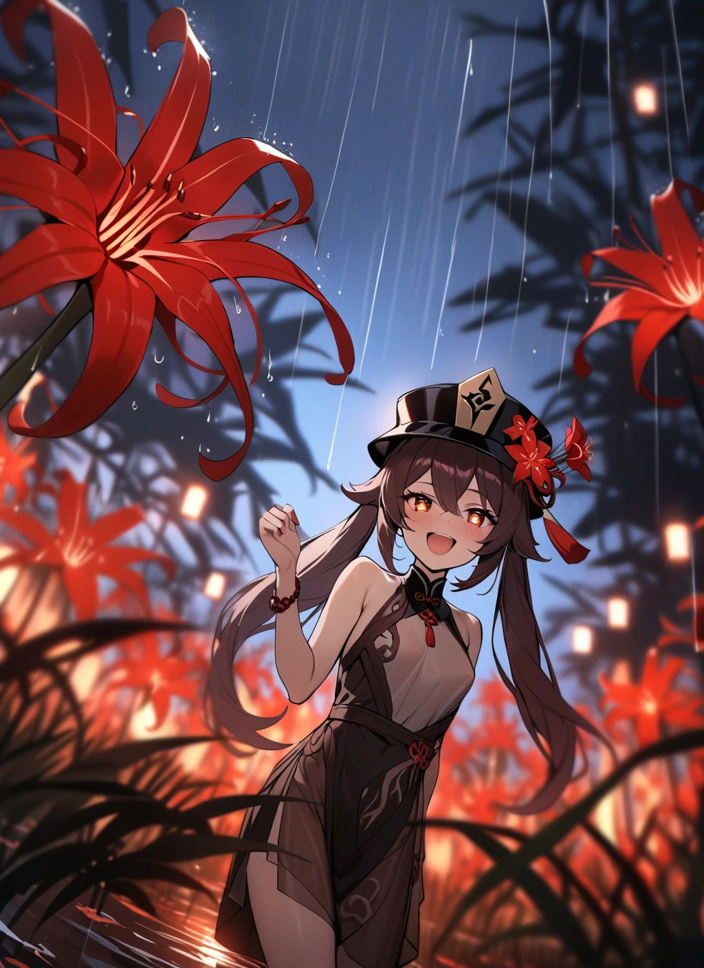 masterpiece, best quality, 1girl, hutao \(genshin impact\) \(cosplay\),  red spider lily, (fire:1.2) flowers, blurry, field, (water:1.2), bare shoulder, rain, moonlight, looking at viewer, pov,  see-through, twintails, flower-shaped eyes, laughing, hat, fisheye shot,  <lora:lily_style_xl:0.8>