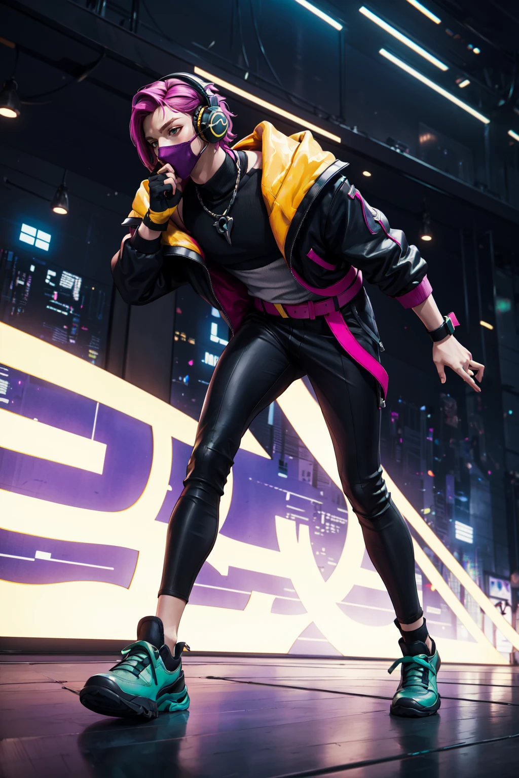 dsksks h34rtst33l, masterpiece, official art, absurdres, solo, short hair, gloves, 1boy, jacket, full body, pink hair, purple hair, male focus, shoes, black gloves, belt, pants, fingerless gloves, off shoulder, leaning forward, mask, headphones, black pants, mouth mask, covered mouth, green footwear, indoors, arena background, League of Legends, <lora:Heartsteel_Style-05:0.6>