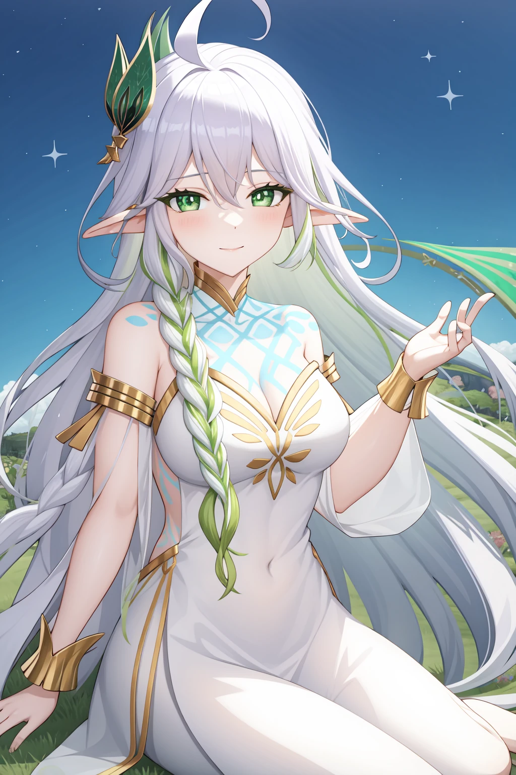 <lora:æ ç2-000010:1:lbw=char>,(dacishuwang:1.0),tattoo,rukkhadevata \\\(genshin impact\\\),long hair,green eyes,bangs,white dress,white hair,dress,braid,bare shoulders,detached sleeves,multicolored hair,symbol-shaped pupils,ahoge,dacishuwang,tattoo,, 1girl,
, (masterpiece,best quality:1.2),absurdres
