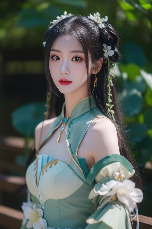 There is a girl in a green dress, plum blossoms, palaces, oriental architecture ray tracing, {best quality}, {{masterpiece}}, extremely detailed 8K wallpaper, {an extremely delicate and beautiful}, colorful, intricately detailed, Realistic, real, camera quality, (detailed depiction of clothes), cool white skin, (detailed depiction of blush), 1080p, sun, soft cuteness, smooth light silver hair, messy beauty, lighting, broken feeling, bright and silky skin , 3D stereoscopic, masterpiece, best quality, super fine illustration, beautiful eyes, very fine light, fine glow, very fine 8K CG wallpaper, peach eyes, red pupils, an extremely delicate and beautiful girl, 8k Wallpaper, best quality, full body close-up, white long dress, luxurious silky bright red chiffon floodlight (magic, glitter, ultra-thin, soft,) Hanfu