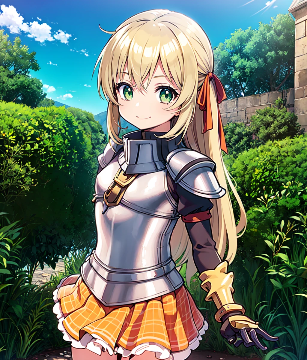 anime screencap, masterpiece, best quality, detailed face, detailed eyes, 1girl, solo, blonde hair, green eyes, long hair, ribbon, armor, orange skirt, full body, smile, black sleeves, gold bracelet, cowboy shot, standing, halberd, castle, garden, outdoors  <lora:Cecile:0.9>