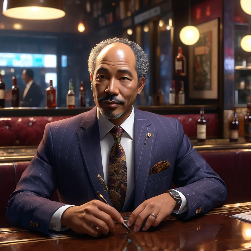 a black man sitting in traditional coffee shop, drinking coffee, moody coffee shop, modern moody coffee shop background, man looking cheerful, (8k, RAW photo, high quality),(epic realistic: 1.5), 1boy, tough guy, handsome man, sculpted jaw, giga chad, caucasian, straight hair back, (smile), smile, ((bright red eyes)), photorealistic, (evil appearance), business suit, lovecraft, holding a glass, 1900s, intricate details, cinematic, dark studio, (HDR: 1.5), detailed, looking at the viewer --auto --s2