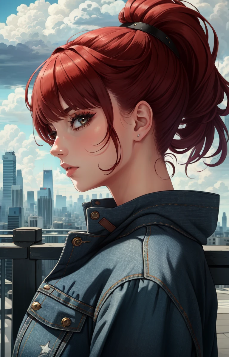masterpiece, best quality, intricate, absurdres, 1girl, solo, looking at viewer, close-up, red hair, long hair, ponytail, black cardifan, jeans, city, outdoors, cloudy sky,