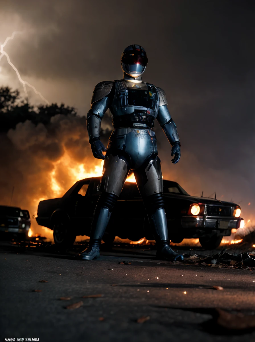 cinematic film still <lora:quiron_Jiban_v2_Lora:0.87> JibanQuiron at overgrown highway, cracked asphalt, tangled vegetation, abandoned vehicles, action hero pose, horror scene, fire and explosion, fog, lightning, Doomsday, shiny armor, . shallow depth of field, vignette, highly detailed, high budget, bokeh, cinemascope, moody, epic, gorgeous, film grain, grainy