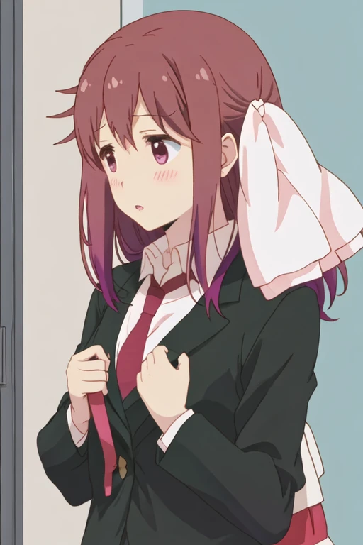 best quality, masterpiece, highres, solo, {haruka_takayama_sakuratrick:1.15}, blush, brown_hair, long_hair, ribbon, hair_ribbon, necktie, purple_eyes, red_hair, 1girl, from_side, profile, upper_body, brown_eyes, jacket, school_uniform, parted_lips