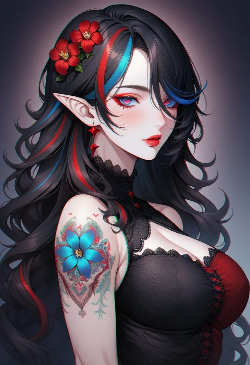 a [goth|barbarous|mysterious] mature gothic female with [curvy|thick|tone|curvy|thick|muscle] figure wearing [goth clothes|western clothes|intricate clothes|corset|loose sleeves] mix [dress|frill dress|indicate dress|belt|frill|cotton dress|short dress] and [lustful eye|creepy eyes|beautiful eye] red iris mix [lush lips|perky lips] and with white and black hair mix with light blue streaked hair, long hair [hair over eye|braid|wavy hair] mix [messy hair|curly hair|messy hair] and [pointy ear|elf ears|long ears] and [star print|flower print] on clothes and wearing [make up|scaly|jewelry], intricate tattoos, ((asymmetrical pose)), make up, blush, chromatic aberration, illustration