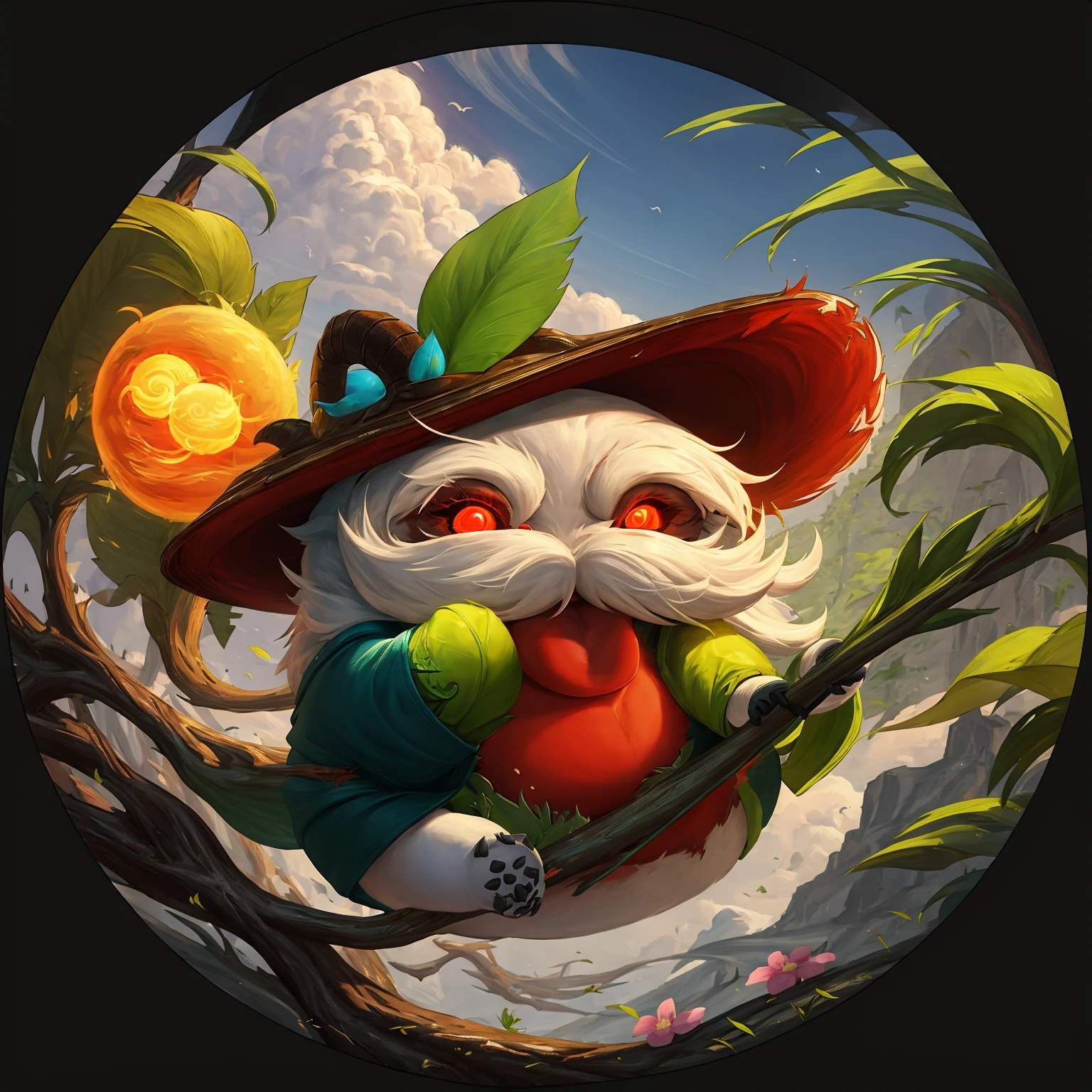 hezi, lol style, Little hero, facial hair, beard, 1boy, sun, bird, cloud, staff, flower, hat, holding, male focus, tree, glowing, artist name, outdoors, red eyes, colored skin, animal, sky, no humans, holding staff, signature, white hair, tail, horns, solo, teeth, standing, leaf, glowing eyes, claws, full body, long hair, branch, mountain, border, cloudy sky, mustache, looking at another, open mouth, yordle, flying, gloves, plant, creature, hair ornament, from behind<lora:éç½åå¢-000004:0.65>