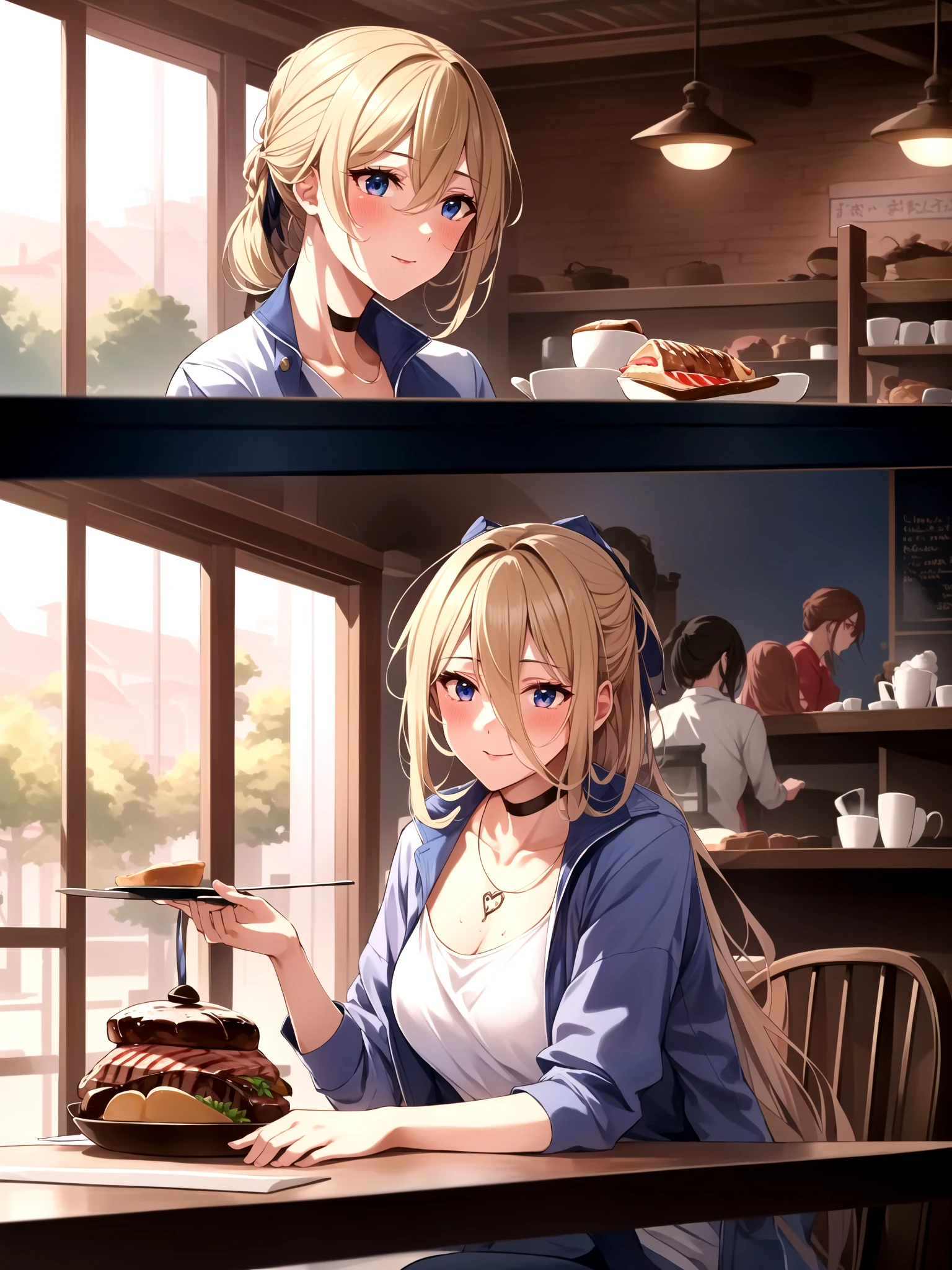 (masterpiece:1.2, best quality:1.1, highres, absurdres, high quality),(photorealistic:1.1),reflected light,colorful,ultra-detailed,8k,ultra hd,super detailed,Violet Evergarden,blonde hair,blue eyes,hair between eyes,indoors,cafe,sitting,steak on table,drunk,blush,<lora:violet_evergarden_v1:0.6>,<lora:hasumi:1>,Hasumi,