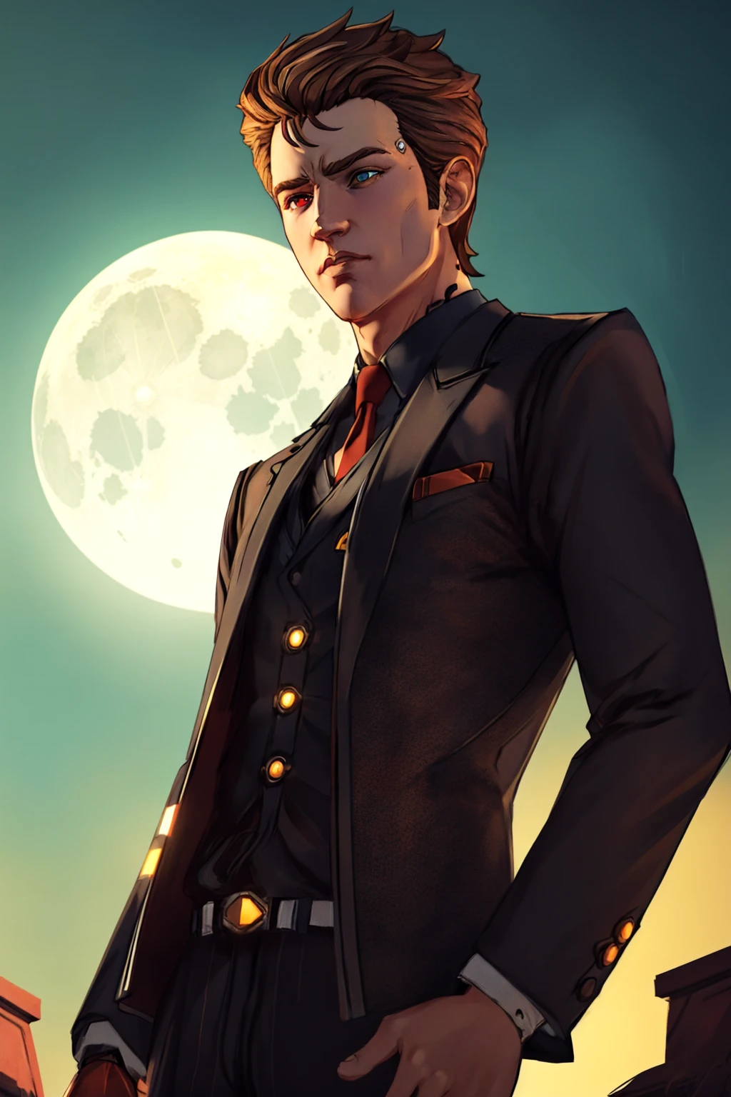 realistic, best quality, 8k uhd, dslr, soft lighting, high quality, Squinting, <lora:RhysV1.0:0.8> rhystftbl, (1boy), (brown hair), alternate suit, single mechanical arm, temple port, (heterochromia:1.2), dynamic pose, full moon