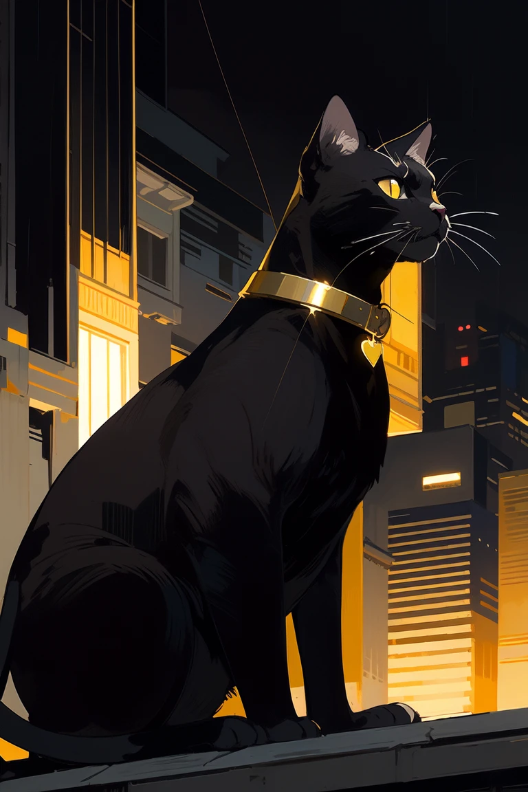 still life, black cat sitting on the rooftop, looking afar, golden collar, night, raining, skyline, dynamic angle, 
gold theme, masterpiece, best quality, <lora:vibrant_1.5_0.1-000020:0.8>