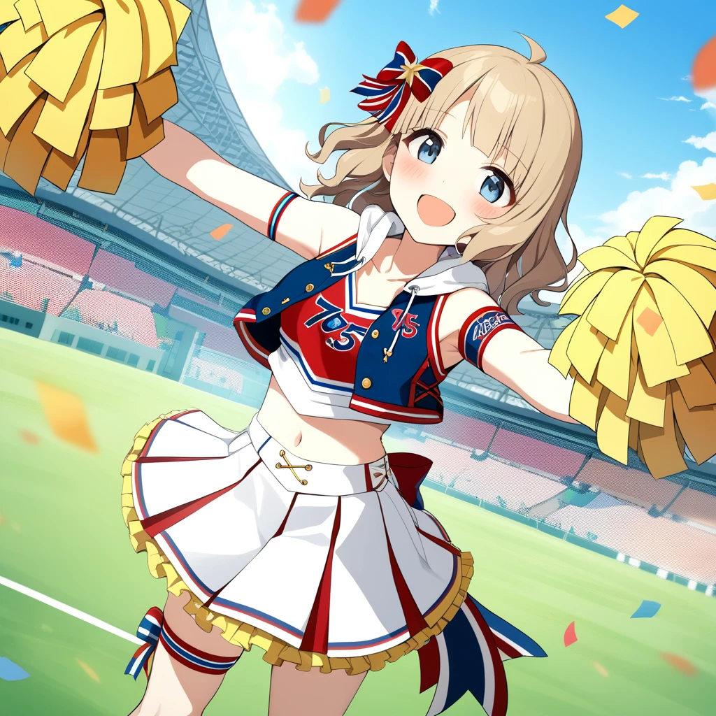 1girl, suou momoko, going charmy, miniskirt, sleeveless, frilled skirt, tree, looking at viewer, long hair, hair ribbon, blue sky, open clothes, short hair, hoodie, blush, pom pom (cheerleading), open mouth, collarbone, blue eyes, :d, kneehighs, brown hair, hood, ahoge, armpits, cheering, stadium, cheerleader, vest, standing, arm up, arms up, sky, thigh strap, day, clothes writing, smile, bare shoulders, hair bow, dutch angle, white gloves, holding, wavy hair, striped bow, white skirt, white legwear, grass, sleeveless shirt, hair ornament, outdoors, outstretched arms, grey hair, white footwear, confetti, armband, midriff, navel, crop top, holding pom poms, cloud, wristband, solo focus, blonde hair, socks, shoes, eyebrows visible through hair, pleated skirt, blue vest, open vest, red bow, multicolored bow, star hair ornament, arm ribbon, hood down, drawstring, two-tone skirt, back bow, striped ribbon, thigh ribbon, hooded vest, masterpiece, best quality <lora:suou_momoko_sdxl_v1:0.7>