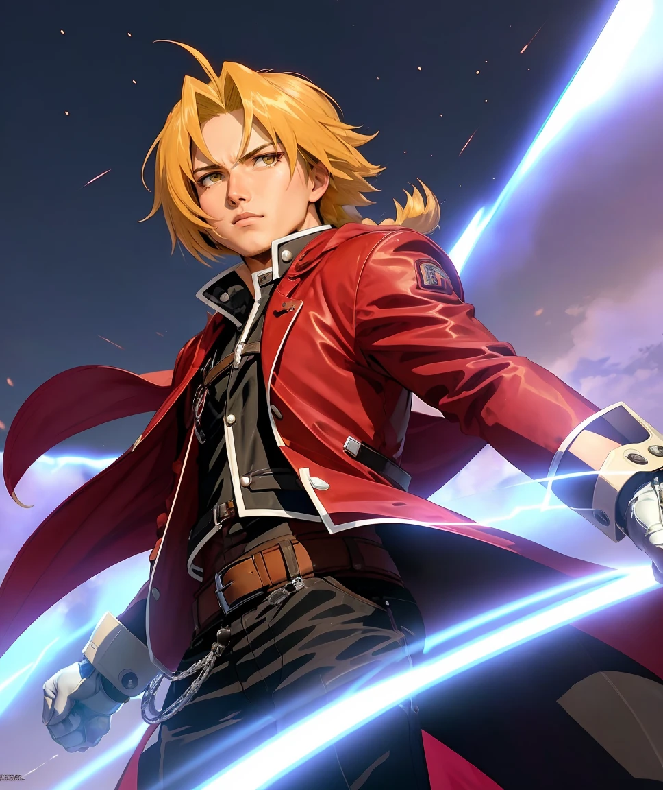 western comics art , <lora:quiron_EdwardElric_v2_Lora:0.87> EdwardElricQuiron 1boy character, a single mechanical arm, white gloves, red jacket, long hair, male focus, single braid, solo . bold lines, dynamic poses, vibrant colors, dramatic lighting, highly detailed