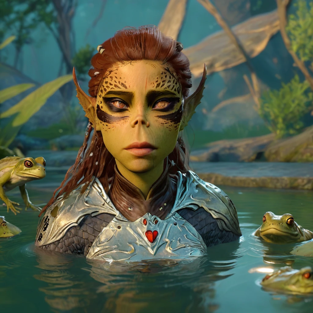 laezel swimming beside frogs and tadpoles in a pond, underwater <lora:laezel:1>
