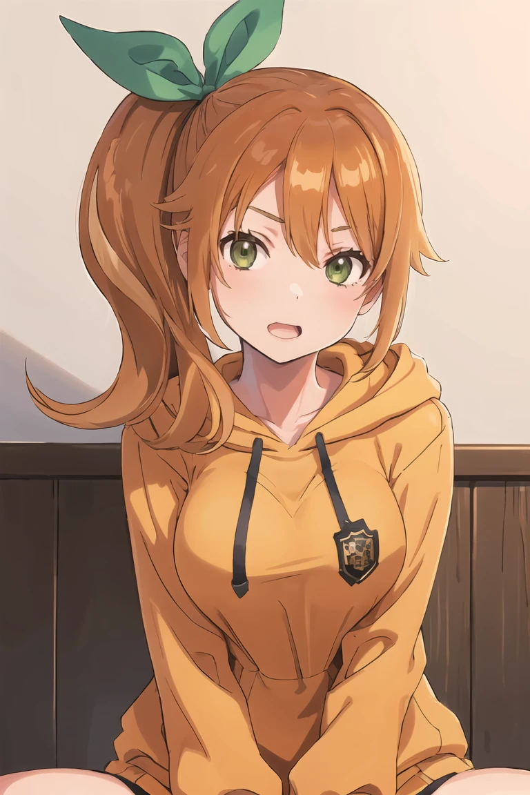 masterpiece, best quality, 1girl, highly detailed face, hareru, green eyes, side ponytail, hair ribbon, large breasts, orange hoodie, open hoodie, upper body, sitting, <lora:hareru-06:1>