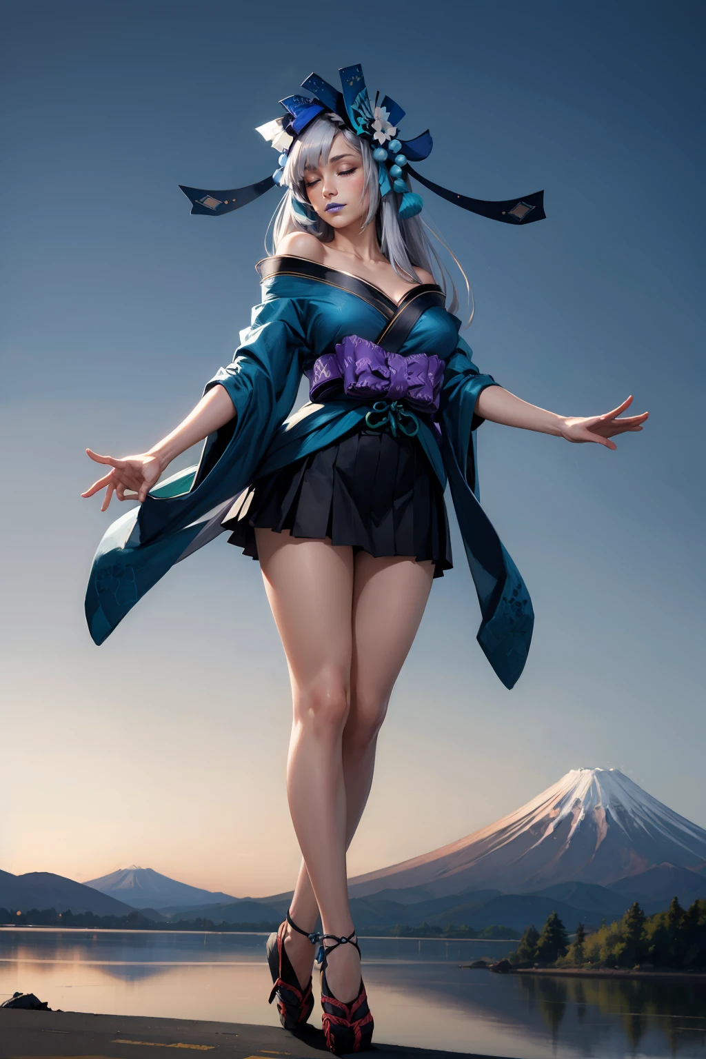 masterpiece, best quality, <lora:aoandon-nvwls-v1-000009:0.9> aoandon, hair ornament, blue lipstick, off-shoulder kimono, japanese clothes, cleavage, black skirt, purple bow, large breasts, closed eyes, sky, mt. fuji, outstretched arm, wide shot
