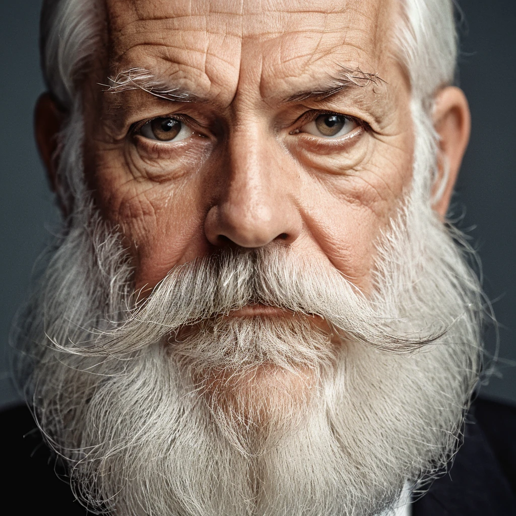The image features an older man, a long white beard and mustache, He has a stern expression, giving the impression of a wise and experienced individual. The mans beard and mustache are prominent, adding to his distinguished appearance. The close-up shot of the mans face emphasizes his facial features and the intensity of his gaze.