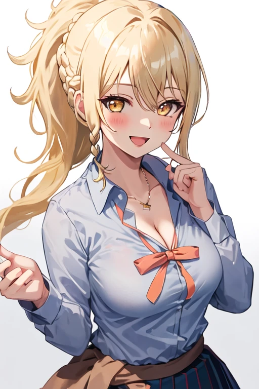 (Best quality:1.3), blonde ponytail, large breasts, cleavage,white shirt, unzipped shirt, (pov, close shot), smiling, embarrassed, nipples