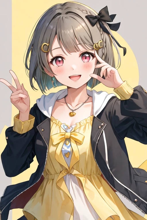best quality, masterpiece, highres, solo, {nakasu_kasumi_loveliveschoolidolfestivalallstars:1.15}, short_hair, bangs, red_eyes, brown_hair, blush, smile, bob_cut, hair_ornament, bow, asymmetrical_hair, grey_hair, 1girl, jacket, jewelry, looking_at_viewer, necklace, collarbone, hairclip, ribbon, hair_ribbon, open_mouth, pink_eyes, braid, yellow_background