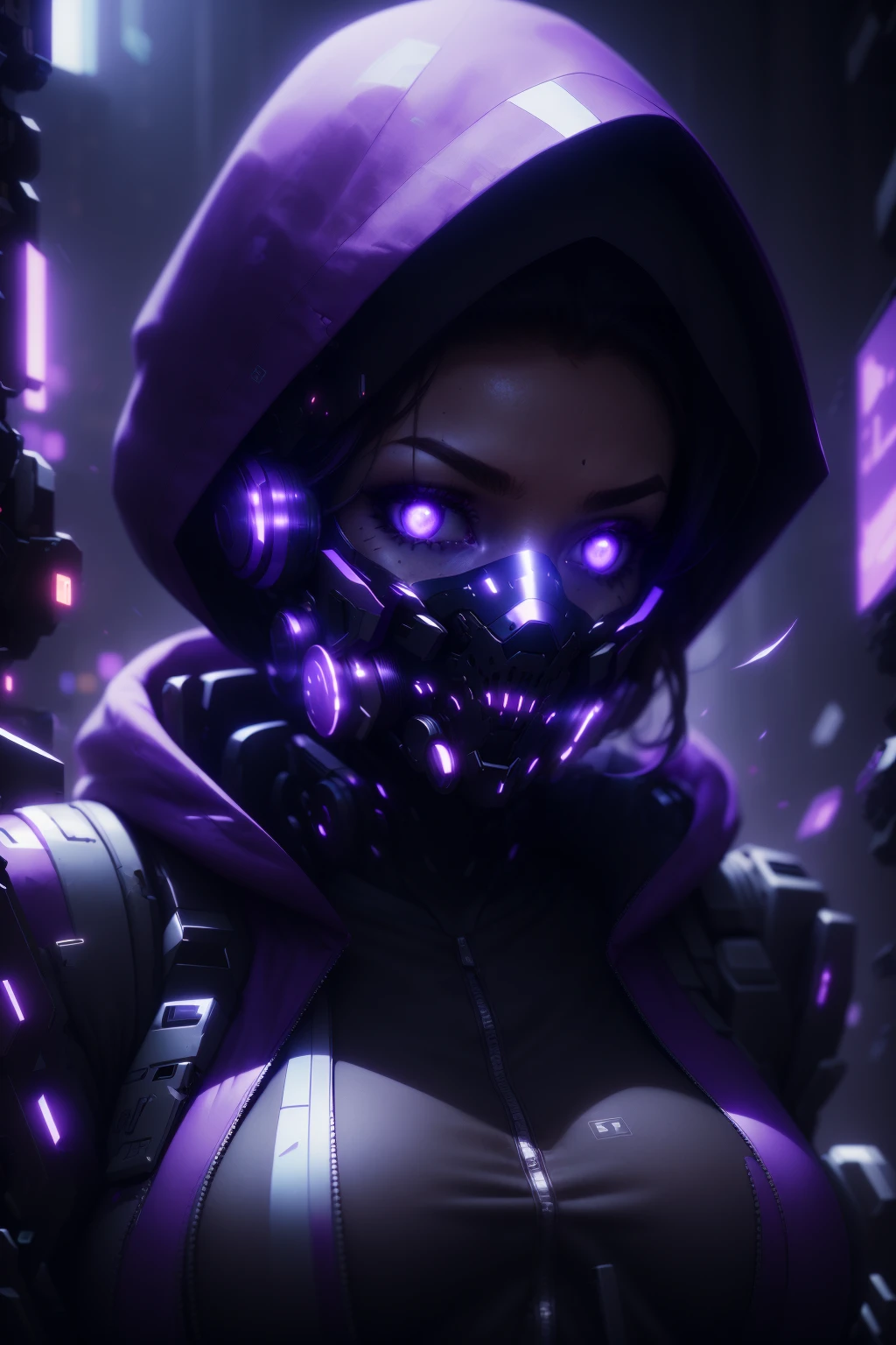 1girl,  solo,  looking at viewer,  purple eyes,  upper body,  hood,  mask,  glowing,  portrait,  glowing eyes,  science fiction,  cyborg,  cyberpunk, MasnoMix,<lora:EMS-269066-EMS:1.000000>,<lora:EMS-62703-EMS:0.800000>