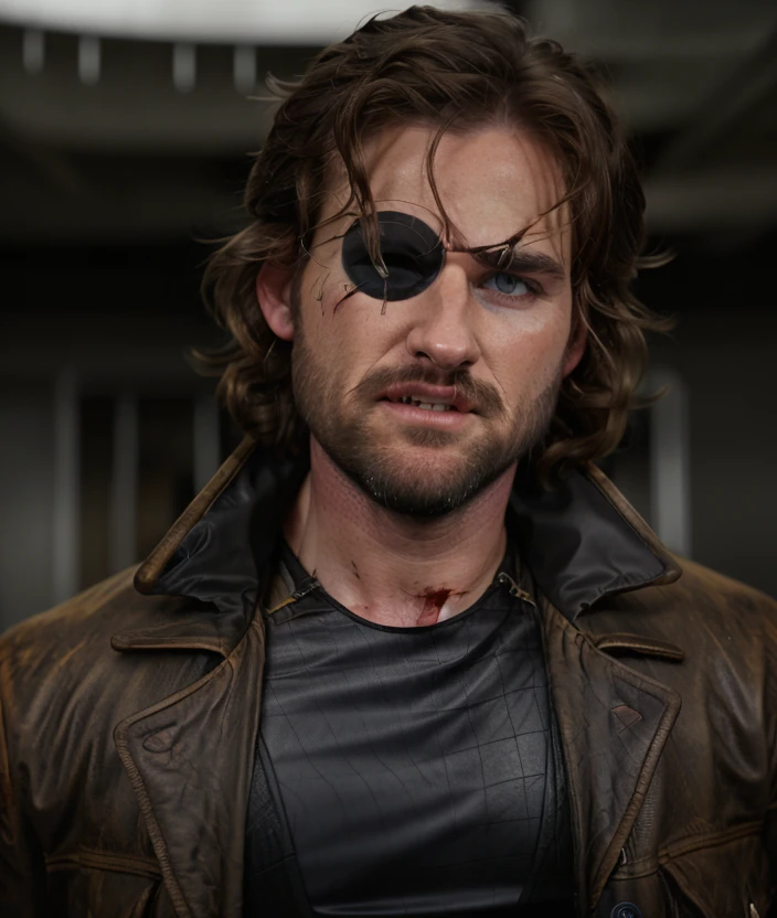 solo, blue eyes, brown hair, shirt, black hair, 1boy, jacket, upper body, male focus, teeth, blood, facial hair, eyepatch, beard, realistic, mustache, stubble, leather
