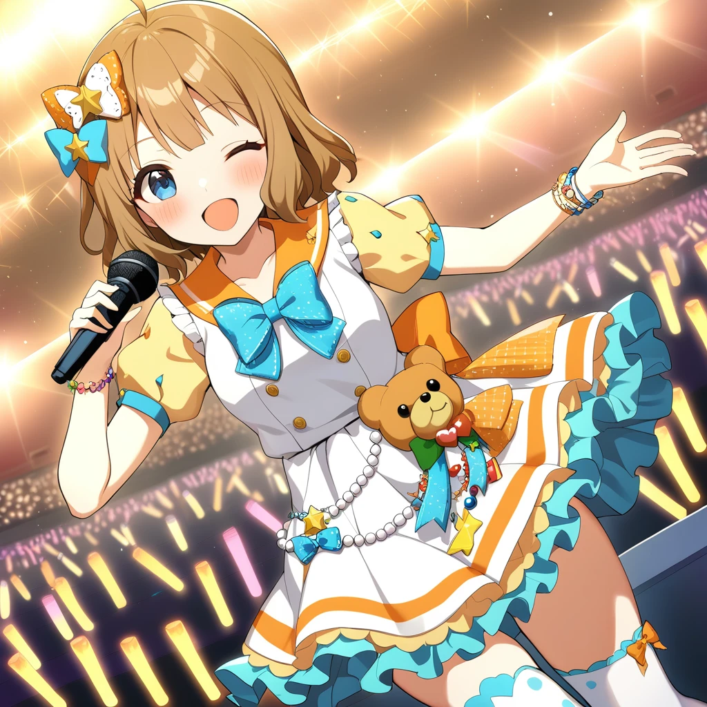 1girl, suou momoko, fancy alamode, ahoge, short hair, star hair ornament, blue bowtie, cowboy shot, hair ornament, frilled dress, heart ornament, glowstick, sparkle, brown hair, hair bow, bracelet, singing, thighhighs, microphone, music, orange bow, holding, yellow dress, jewelry, blush, bear ornament, bead bracelet, dutch angle, star ornament, print legwear, holding microphone, eyebrows visible through hair, sailor dress, puffy short sleeves, blue neckwear, confetti, polka dot bow, standing, looking at viewer, beads, frilled sleeves, smile, solo, white dress, ;d, blue bow, collarbone, orange sailor collar, light brown hair, back bow, stage lights, one eye closed, open mouth, puffy sleeves, sailor collar, white legwear, frills, heart hair ornament, buttons, asymmetrical legwear, waist bow, blue eyes, idol, stage, short sleeves, yellow sleeves, masterpiece, best quality <lora:suou_momoko_sdxl_v1:0.7>