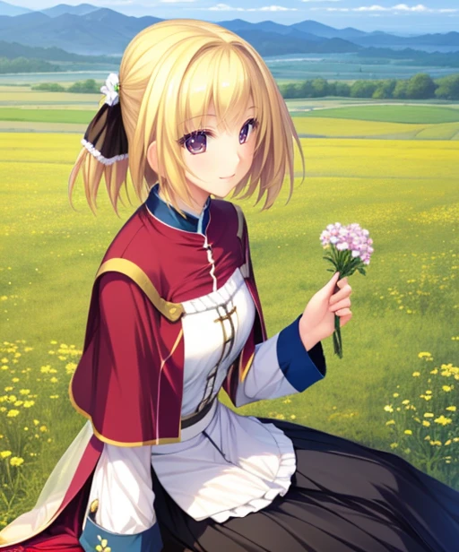portrait, (adult woman), sitting, picking flowers, (1girl, solo), smile, (blonde hair), ((field, rolling hills)), (distant mountains), ((best quality, high detail)), ((masterpiece)), hairclip, cape, <lora:1_tenmaso_15e:1>