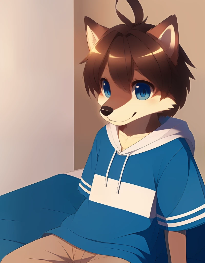 (((detailed eyes, detailed face))), (furry, shun <lora:character_shun_findigo_v2:1>, short hair, ahoge, dog boy, snout), male, (solo), (plump), (blue hoodie, short sleeves, brown cropped pants), sitting, (arms behind back), smile BREAK (konzaburou, ukan_muri, cute), bedroom, (flat shading, flat color, high brightness), 8k, UHD, masterpiece, (full body)