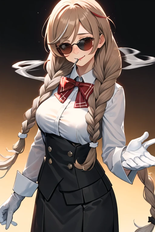best quality, masterpiece, highres, solo, {black business suit:1.40}, {tie:1.20}, {sunglasses:1.25}, {white gloves:1.15}, {white shirt:1.10}, {black skirt:1.15}, {smoking:1.20}, handsome, {minegumo_kantaicollection:1.15}, long_hair, twin_braids, braid, light_brown_hair, red_eyes, breasts, brown_eyes, gradient_hair, multicolored_hair, blush, open_mouth, bow, bowtie, red_bow, smile, red_bowtie, large_breasts